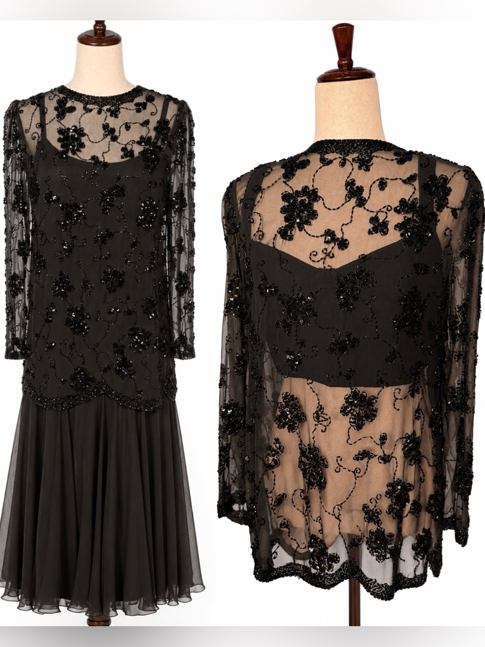Glam Lillie Rubin vintage 80s Beaded Black Evening Dress with Sheer Overlay-q2